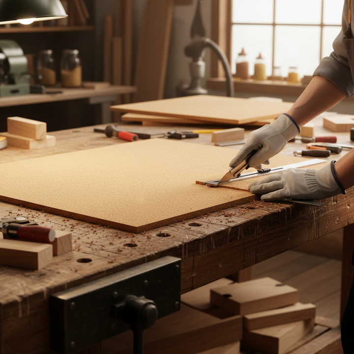 Premium Fine Grain Non-Adhesive Cork Sheets - 915mm x 610mm x 30mm - 2 Pack, ideal for soundproofing and acoustic insulation in DIY projects; shown in a workshop setting with utility knife and tools.