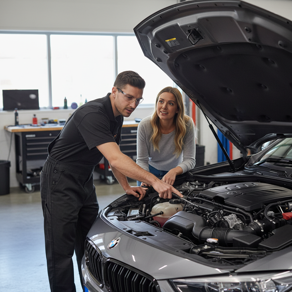 Technician explains Premium 12mm Acoustic Foam Liner for Engine Noise Reduction with Self-Adhesive Backing and Flexible Nonwoven Finish, showcasing its soundproof, acoustic, and vibration damping benefits in a BMW engine bay.