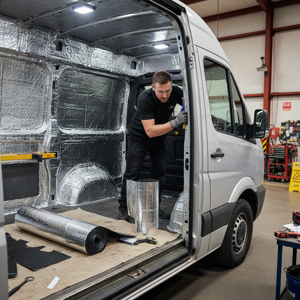 Technician installs Premium Heavy Duty Sound Deadening and Insulation Kit for Large Vans, featuring soundproofing mats and thermal liner, enhancing acoustic insulation, noise reduction, and vibration damping in a van conversion project.