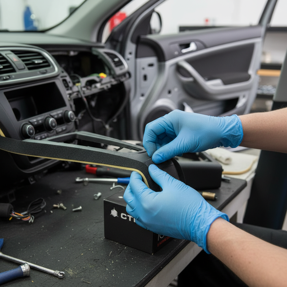 A technician applies Premium Self-Adhesive Sealing Tape for Reducing Squeaks and Rattling in Automotive Interiors - 60mm x 6000mm, enhancing soundproofing and vibration damping in a car's interior.