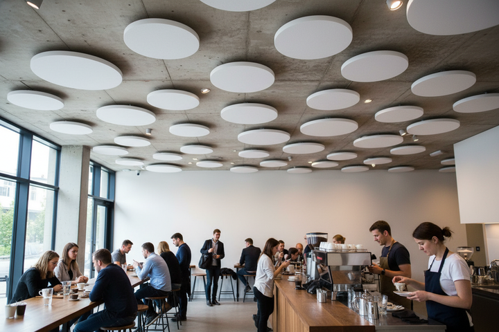 Premium Acoustic Ceiling Panel - White Circle Design for Noise Reduction in Schools, Cafes, and Offices, visible on the industrial-chic ceiling, enhances soundproofing and acoustic aesthetics in the bright, modern café setting.