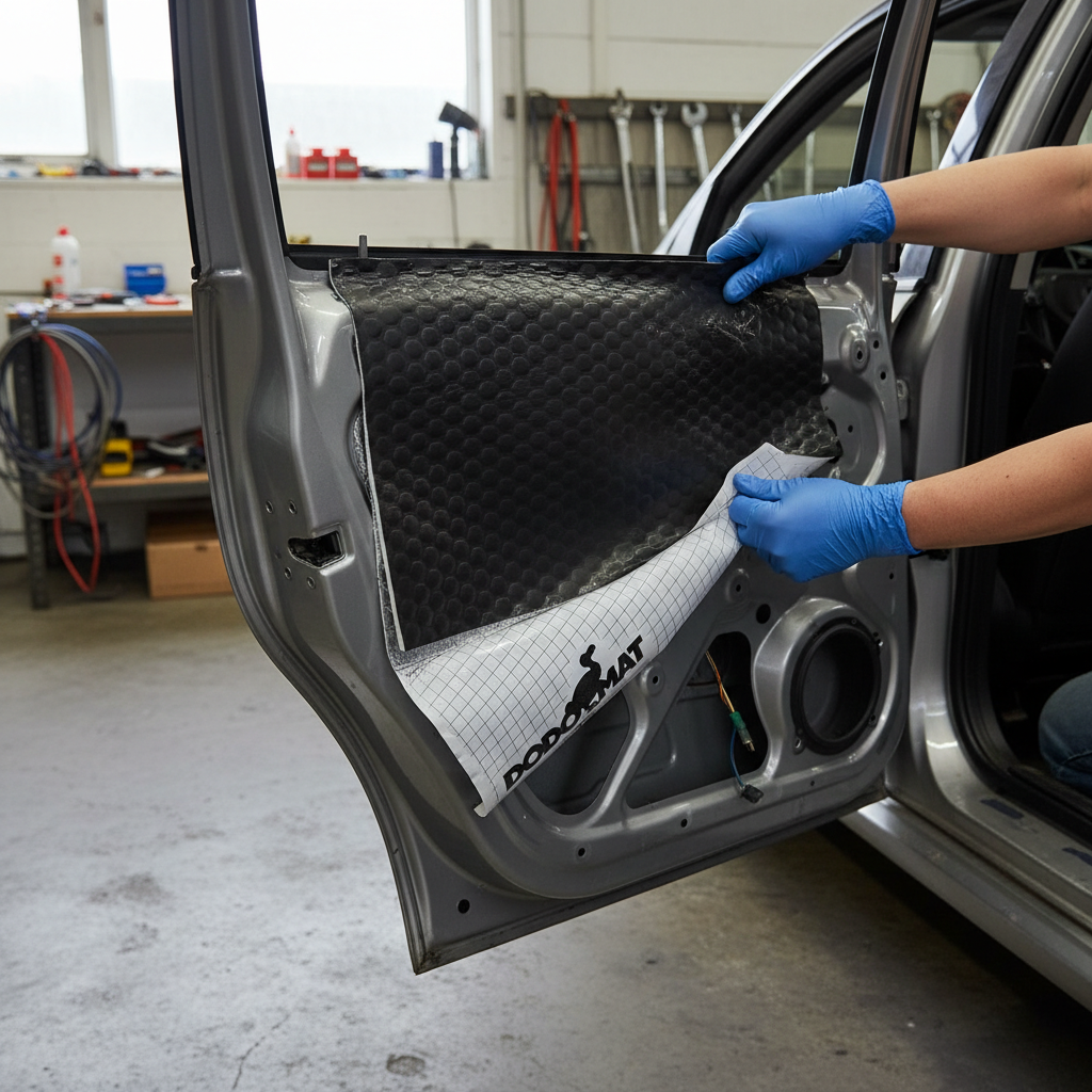 Person applying Premium 2mm Sound Deadening Mat - 40 Sheets, Flexible Butyl Construction for Van Conversions to car door, showcasing acoustic insulation, noise reduction, and vibration damping with honeycomb texture and self-adhesive backing.