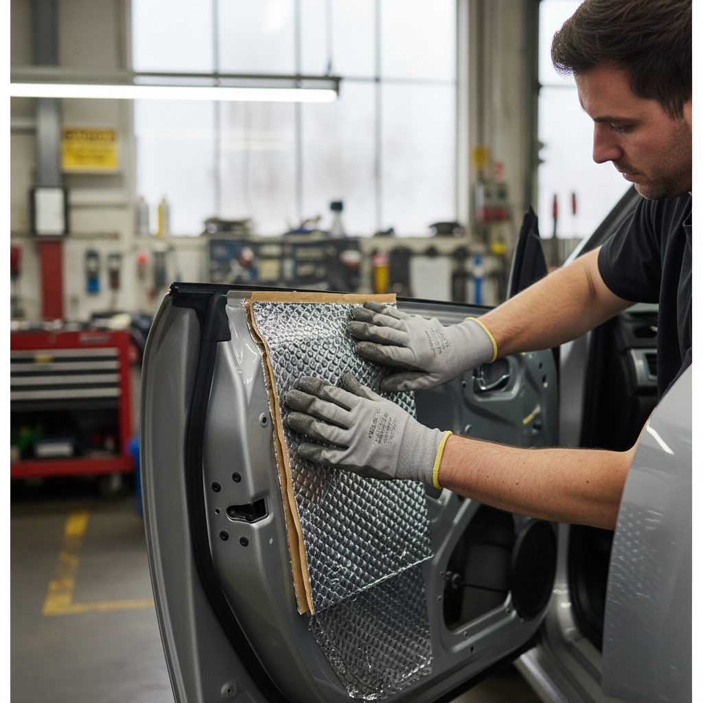 Technician installing Premium Self-Adhesive Sound Deadening Vibration Damper - 12 Sheets, High Grade Butyl Construction, in a car door, showcasing flexible installation for effective noise reduction and vibration damping.