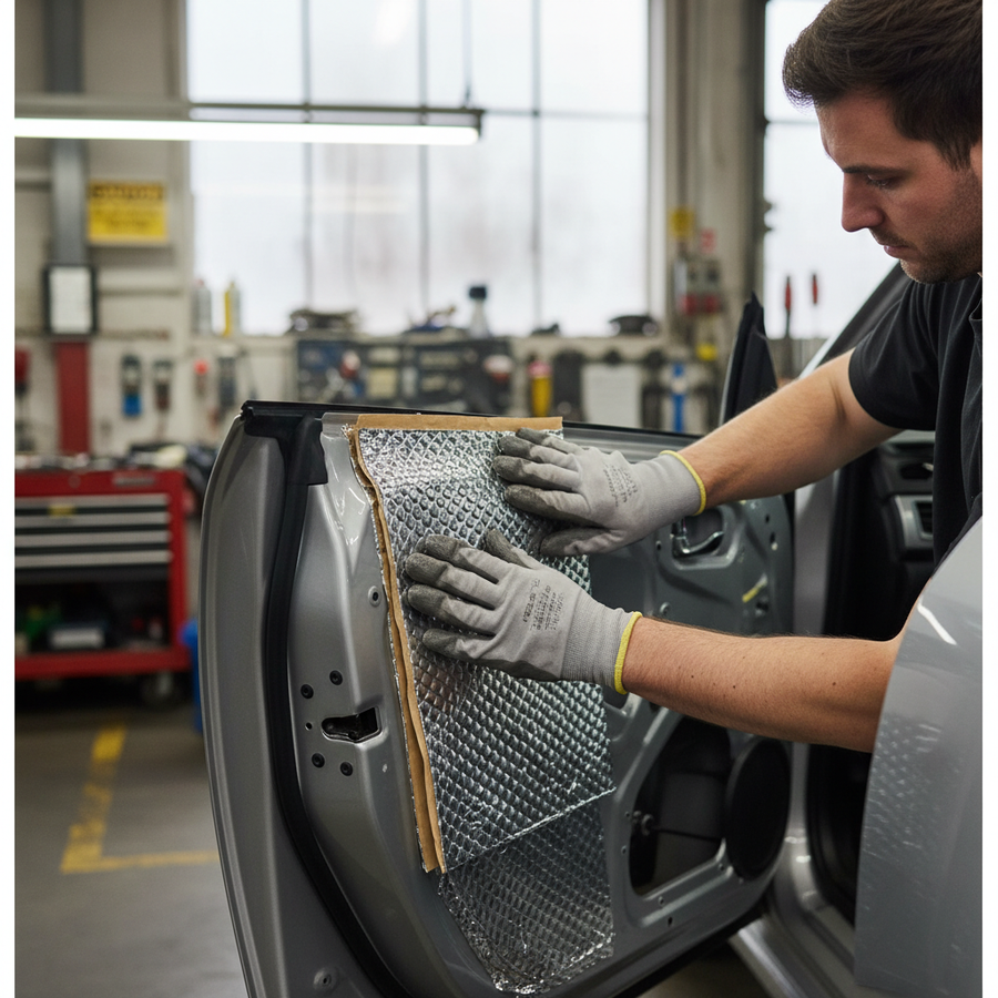 Technician installing Premium Self-Adhesive Sound Deadening Vibration Damper - 12 Sheets, High Grade Butyl Construction, in a car door, showcasing flexible installation for effective noise reduction and vibration damping.