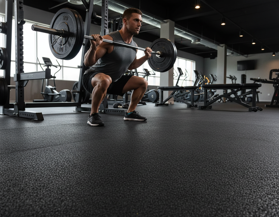 Man performing a back-barbell squat on Premium Heavy Duty Rubber Gym Flooring Rolls for Fitness Spaces, highlighting its noise reduction, slip resistance, and easy installation—ideal for soundproof, acoustic workout environments.