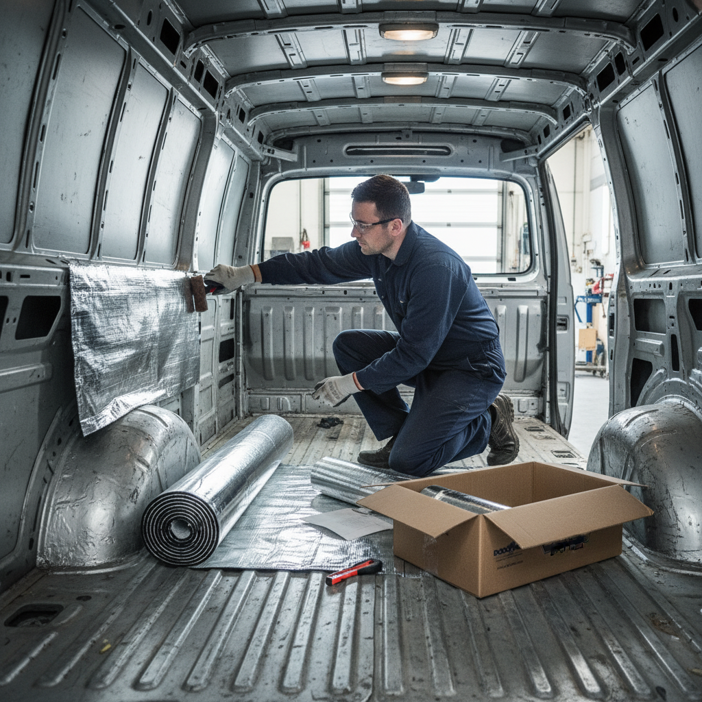 Man installing the Premium Large Van Insulation and Sound Deadening Kit with High-Performance 10mm Liner and 2mm Deadening in a van, featuring soundproofing and acoustic noise reduction materials for enhanced comfort.