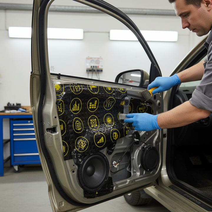 Premium Professional Speaker Kit for Enhanced Sound Deadening and Bass Response: A person installs soundproof, acoustic noise reduction mats on a car door, showcasing vibration damping for superior audio performance.