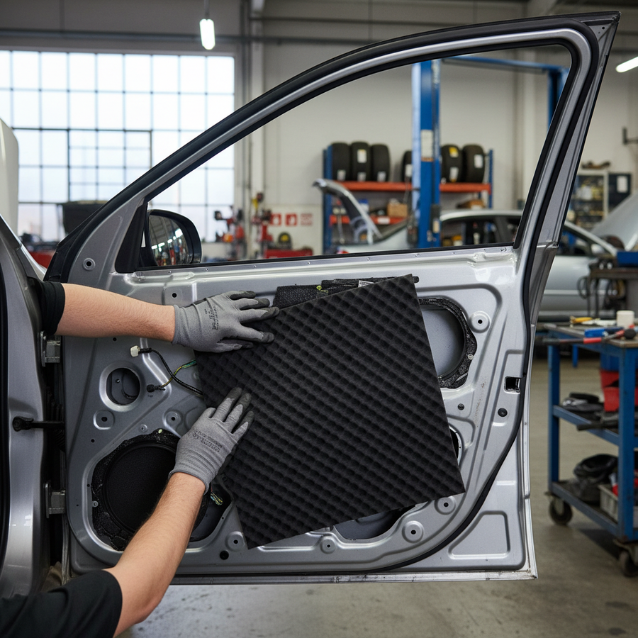 Technician applying Premium Sound Absorber 15mm Foam Material inside a car door for high-frequency noise reduction, showcasing soundproofing and acoustic insulation capabilities, ideal for vehicle sound insulation and vibration damping.