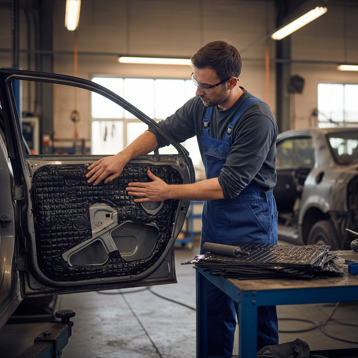 Automotive technician installs Heavy Duty 3mm Sound Deadening Mat - 30 Sheets with Aluminum Finish for Enhanced Vibration Damping, offering acoustic insulation and noise reduction in a car door.