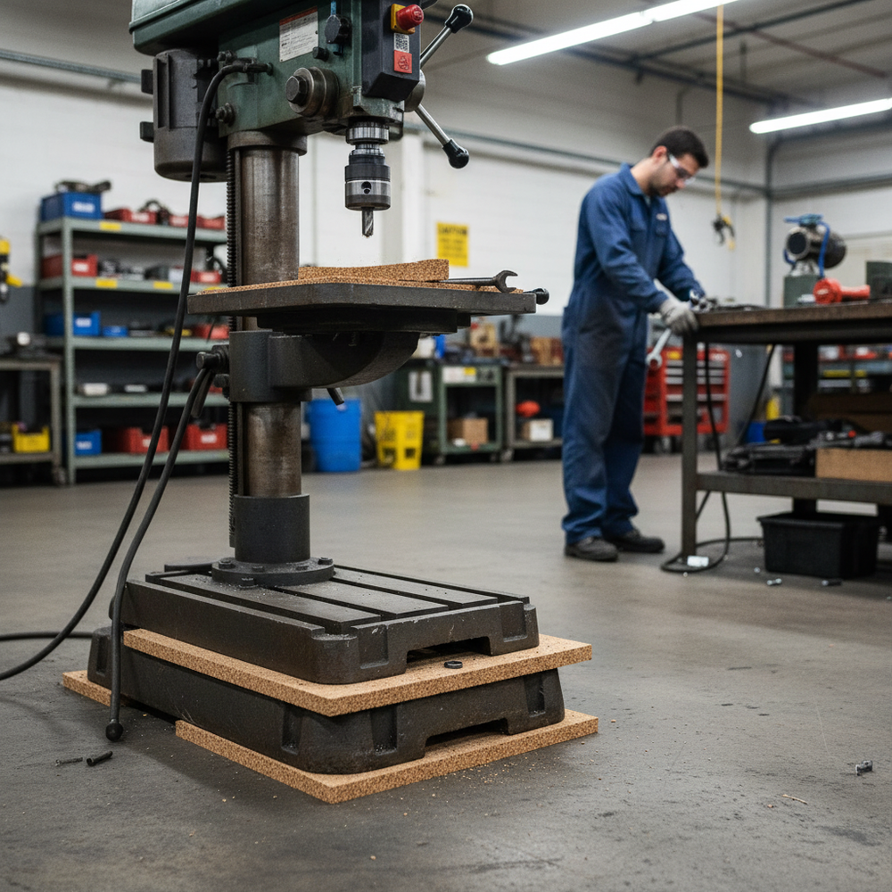 Premium Non-Adhesive Cork Sheets 915mm x 610mm - 25mm Thick - Pack of 2 shown supporting a floor-standing drill press, ideal for soundproofing and acoustic insulation in industrial settings, enhancing noise reduction and vibration damping.