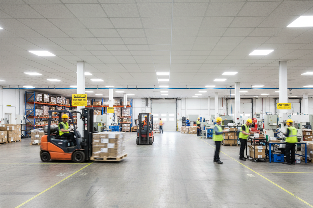 Premium Acoustic Tile for Sound Reduction 600mm x 1200mm showcased in an industrial warehouse, exemplifying its role in noise control and soundproofing for office and industrial spaces, enhancing acoustic insulation efficiency.