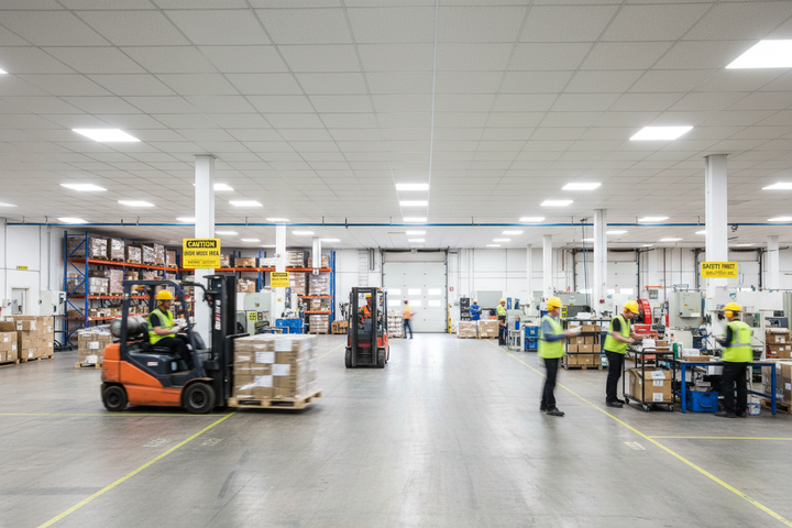 Premium Acoustic Tile for Sound Reduction 600mm x 1200mm showcased in an industrial warehouse, exemplifying its role in noise control and soundproofing for office and industrial spaces, enhancing acoustic insulation efficiency.