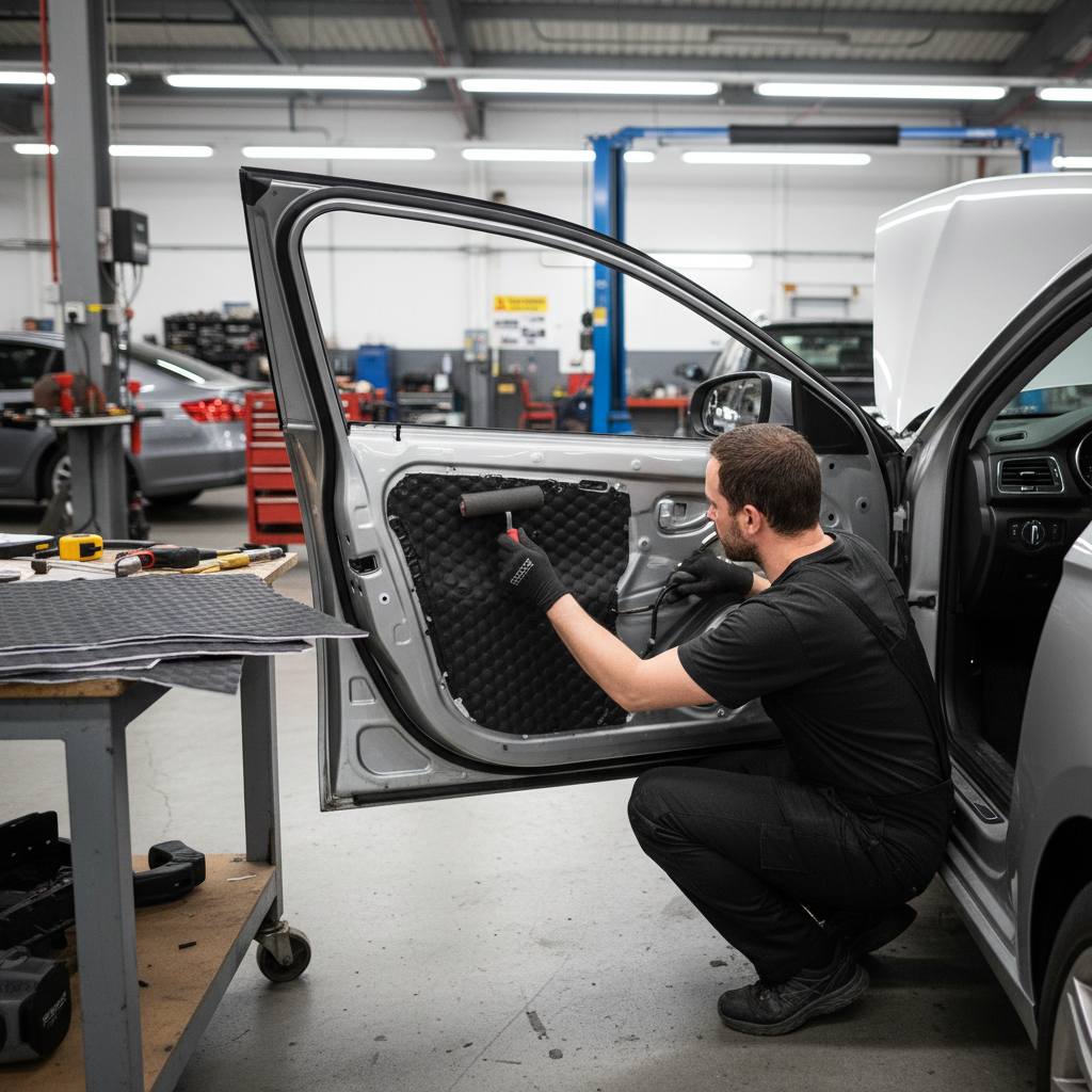 Mechanic installing Premium 2mm Sound Deadening Mats - 10 Sheets for Van and Motorhome Conversions with High-Performance Adhesive on a car door, showcasing soundproofing, acoustic insulation, and vibration damping in an auto-shop.