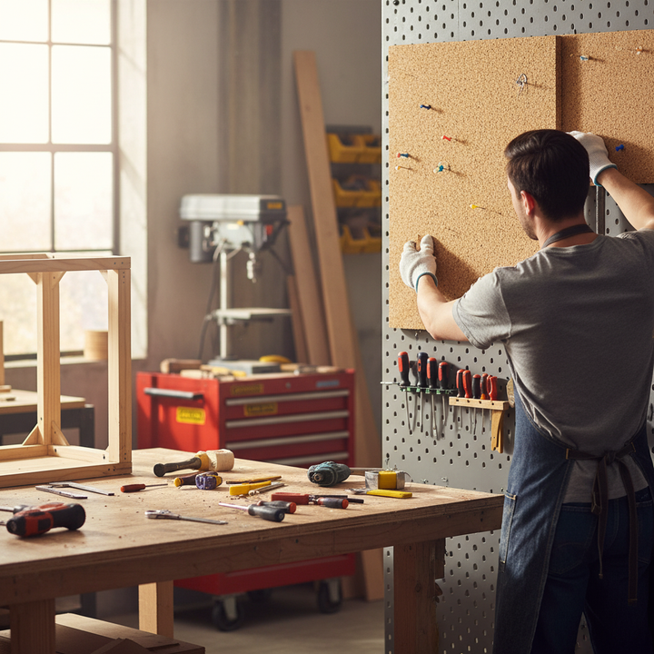 Man in workshop mounts Premium Non-Adhesive Medium Grain Cork Sheet - 915mm x 610mm x 2mm - 2 Pack on pegboard wall, ideal for soundproofing, acoustic insulation, and creating pin boards. Tools and materials are visible.