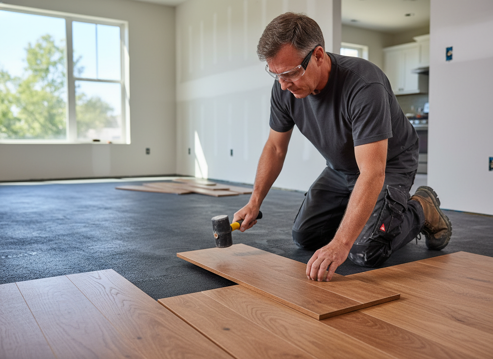 Tradesman installing Premium Acoustic Flooring System - Acoustilay 8 with 30dB Impact Rating, 58dB Airborne Rating, 12mm Thickness, demonstrating soundproof and noise reduction capabilities in a home renovation setting.