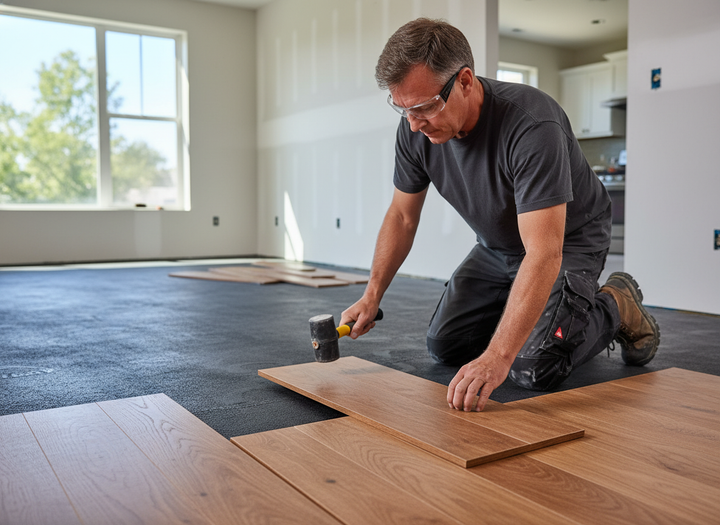 Tradesman installing Premium Acoustic Flooring System - Acoustilay 8 with 30dB Impact Rating, 58dB Airborne Rating, 12mm Thickness, demonstrating soundproof and noise reduction capabilities in a home renovation setting.