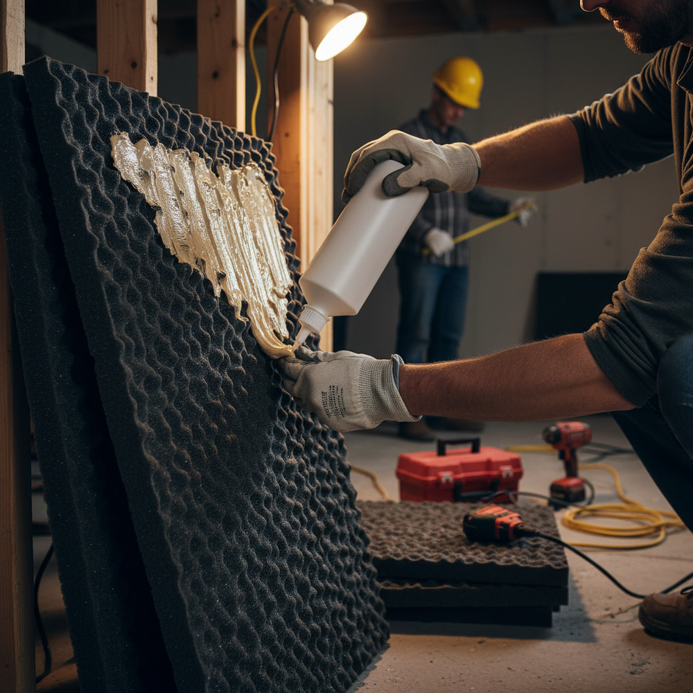 Professional Water Resistant PVA Glue - D3 Adhesive for Acoustic Panel Joints and MDF Applications being applied by a worker to egg-crate foam, emphasizing soundproofing and noise reduction in construction.