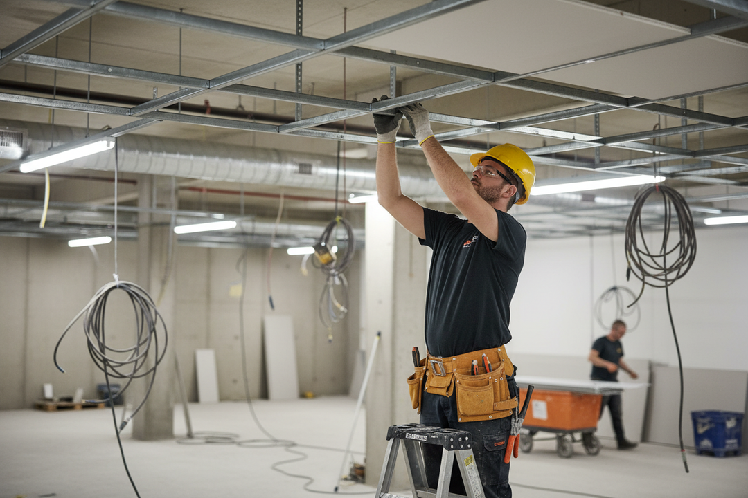 Tradesman installing the Premium 3600mm Primary Channel for suspended ceiling construction, ensuring robust support for acoustic insulation and soundproofing in commercial spaces, with visible electrical conduits and ductwork.