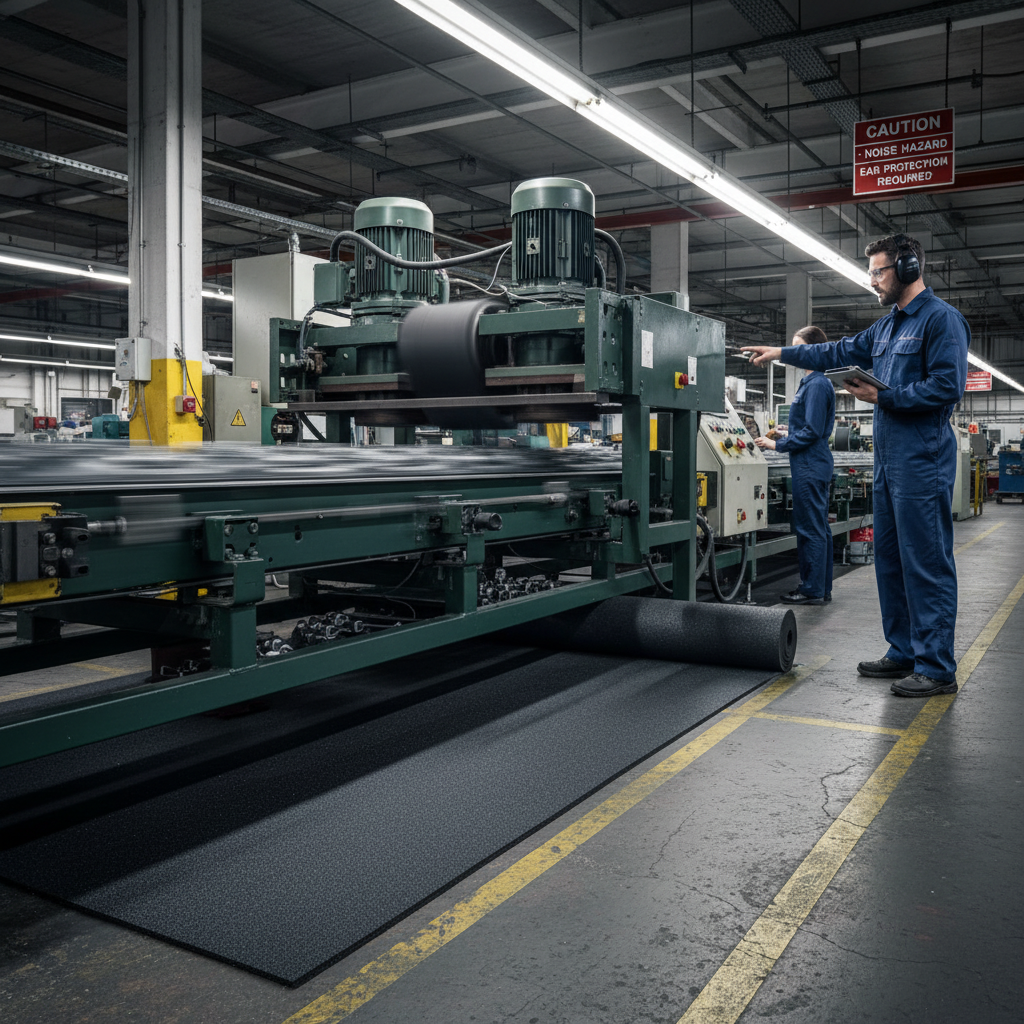 Premium 10mm Resilient Underlay for Hard and Soft Flooring with High Impact Noise Reduction being processed in a factory. Workers oversee the soundproof, acoustic material for optimal noise reduction and sound insulation.