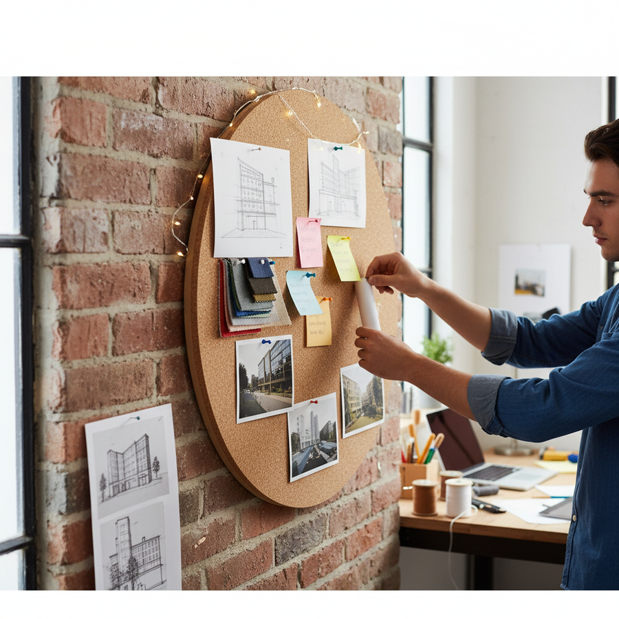 Custom Size Premium Circular Cork Pinboard - 9mm MDF Backing with 10mm Cork Sheet for Home and Office Use, shown in a design studio, supports soundproofing and acoustic organization.
