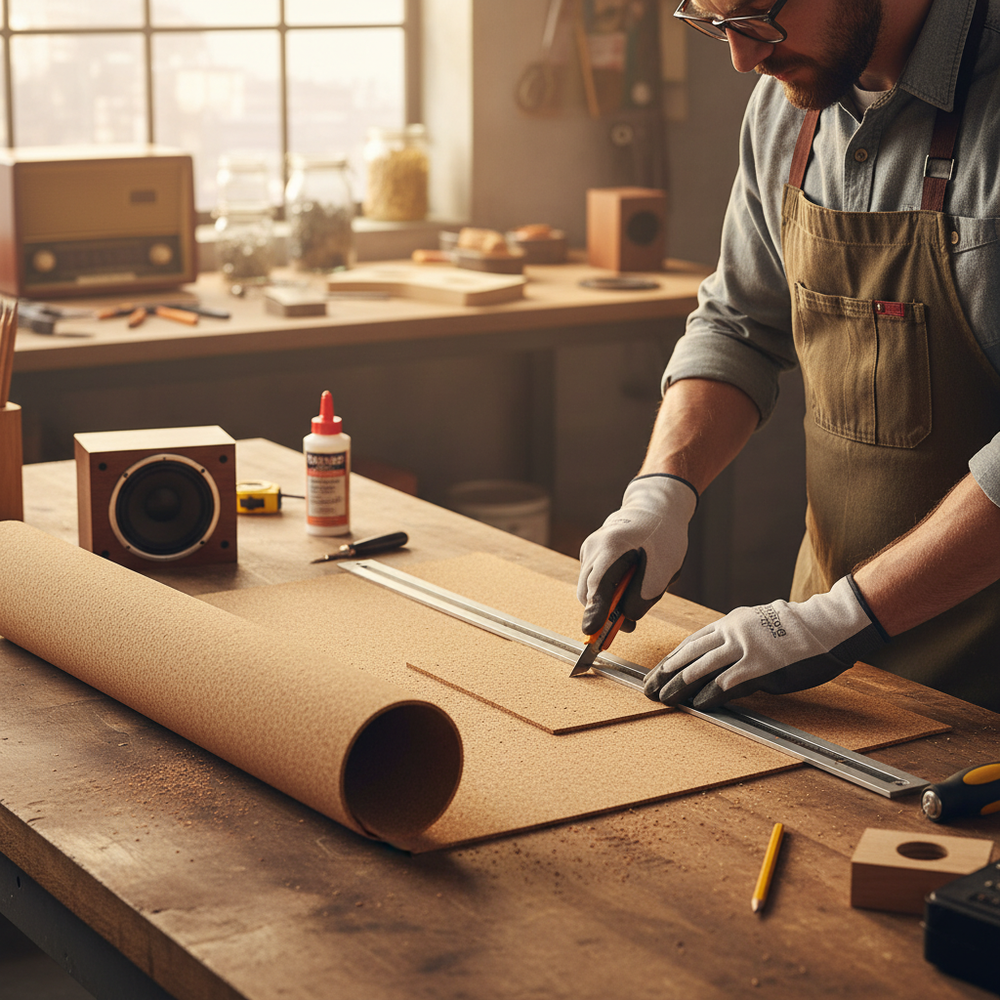 Craftsman cutting Premium Fine Grain Large Cork Roll 2m x 1m - 4mm Thick for Interior Walls with Smooth Finish, ideal for acoustic insulation, soundproofing, and noise reduction in studios or homes.