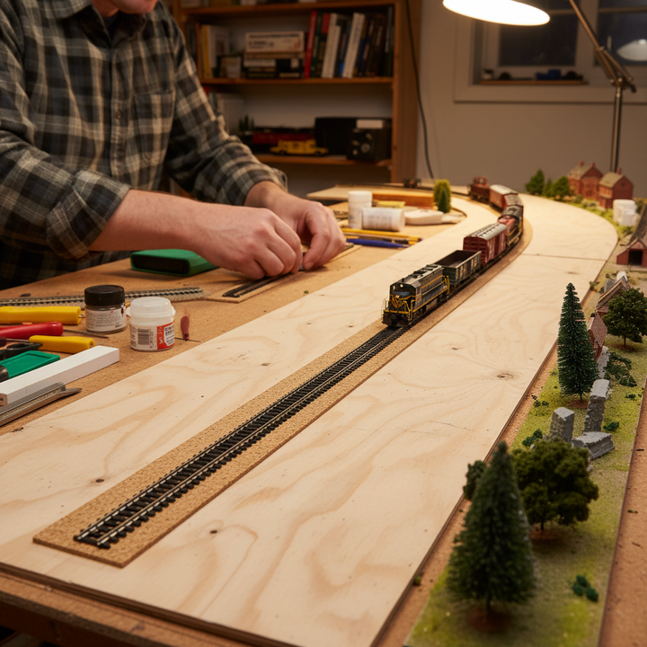 Premium Model Railway Cork Track Underlay Roll - 10 Meter Length, 3mm Thick for N Gauge is seen enhancing a model railway layout with soundproof, acoustic, noise reduction, and vibration damping qualities.