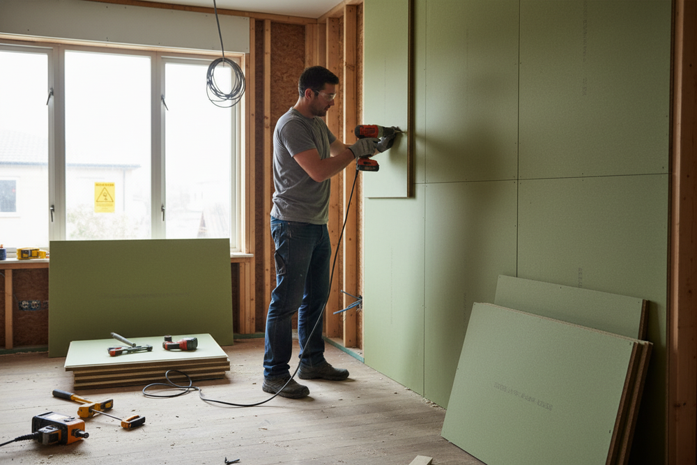 A man installs the Premium Acoustic Panel 2400mm x 600mm x 48mm with Resilient Layer for Enhanced Floor Height and Sound Insulation, showcasing its soundproofing and noise reduction capabilities amidst renovation.