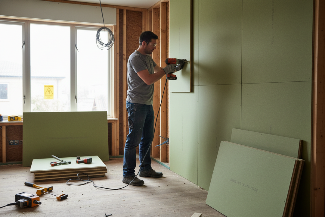 A man installs the Premium Acoustic Panel 2400mm x 600mm x 48mm with Resilient Layer for Enhanced Floor Height and Sound Insulation, showcasing its soundproofing and noise reduction capabilities amidst renovation.