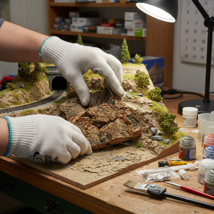 Hobbyist fitting Premium Extra Large Cork Bark for Model Railways - 100mm x 100mm, ideal for creating detailed rock and wall faces, enhancing soundproof and acoustic model landscapes on a workbench.