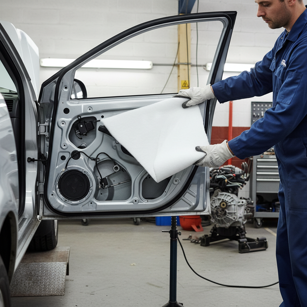 Technician installing Premium Sustainable Insulation Quilt 50mm Thick for Camper Vans, 3.7sq.m Roll, offering excellent thermal performance, soundproofing, and noise reduction in vehicle interiors.