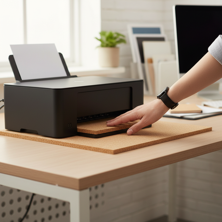 Premium Fine Grain Adhesive Cork Sheets - 610mm x 450mm, 3mm Thick, Pack of 4 being fed into a printer, ideal for soundproofing and acoustic projects in home-office setups.