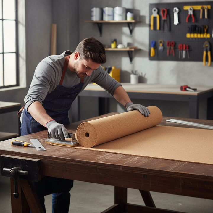 Man in workshop using T-square to cut Premium Fine Grain Large Cork Roll - 8m x 1m - 8mm Thick for Interior Walls. Ideal for soundproofing, acoustic insulation, and noise reduction. Tools and materials surround him.