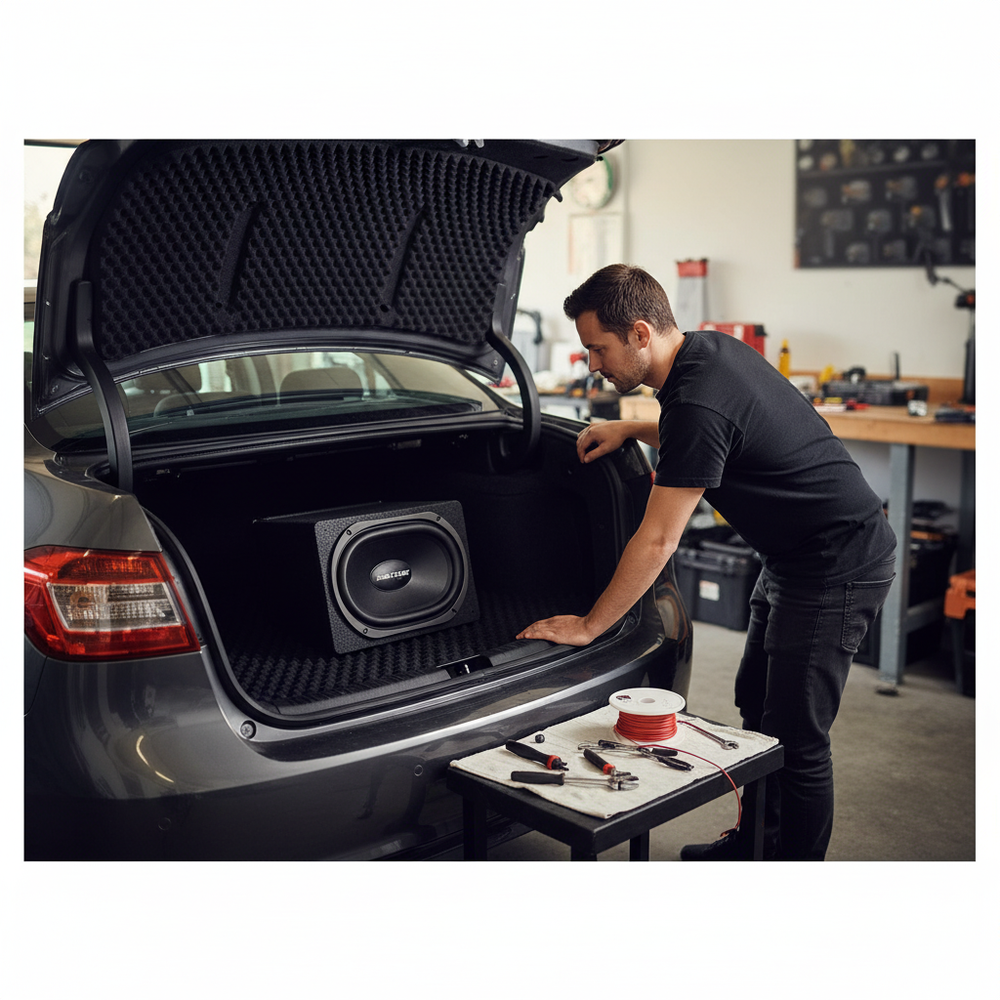 Man in garage inspecting subwoofer enclosure, illustrating Premium Sound Absorber Foam 35mm Thick - 2 Sheets for High Frequency Noise Reduction and Echo Control, ideal for acoustic insulation and noise reduction in vehicles.