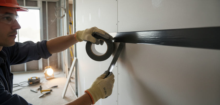 Tradesperson applying Premium Joint Tape 50mm x 50m to drywall, showcasing its heavy-duty adhesion for sound insulation and noise reduction in acoustic and vibration damping projects.