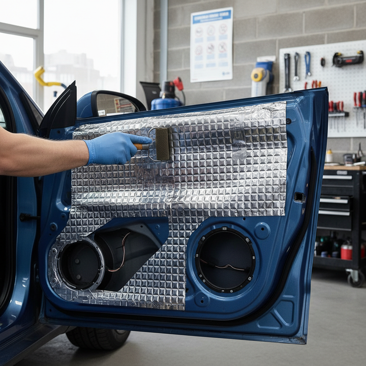 A gloved hand applies the Premium Sound Deadening Mat 2mm - 2.96sq.m Pack with High Flexibility and Excellent Adhesion to a car door, enhancing acoustic insulation and vibration damping in a garage setting.