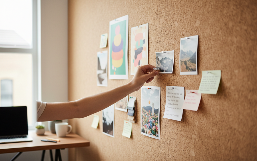 Premium Feature Wall Cork Roll Samples - 150mm x 150mm, high-quality, durable cork for soundproofing and acoustic insulation. Close-up of home office cork board with photos, enhancing noise reduction and vibration damping.