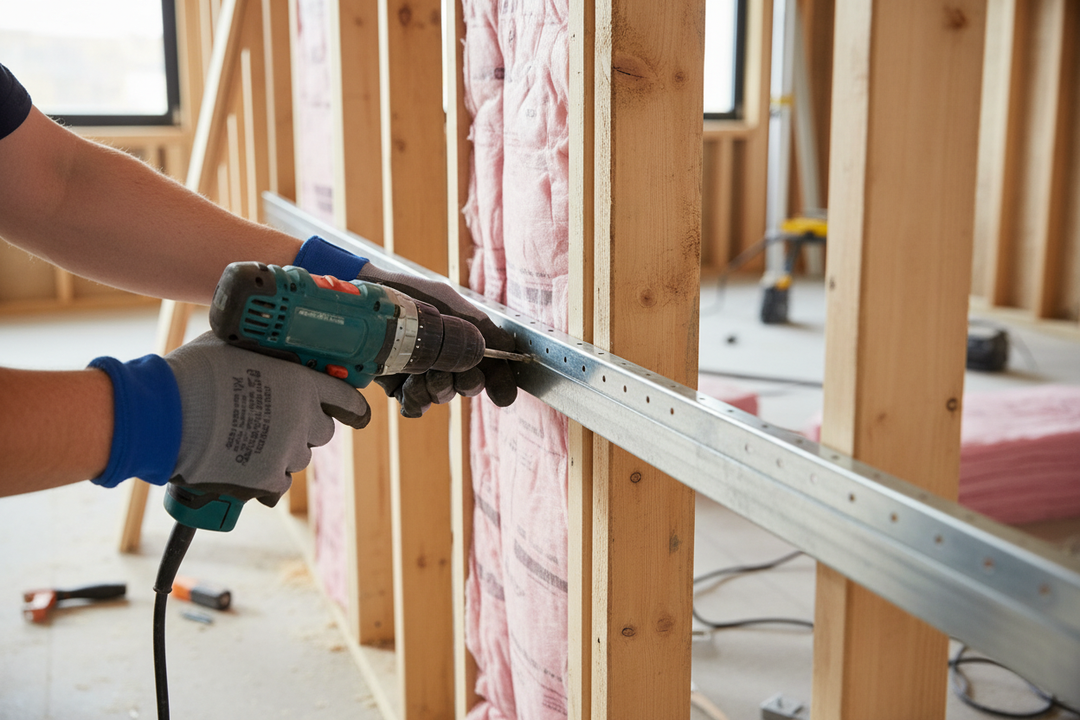 Premium Resilient Bar 3m - 10 Pack for Enhanced Sound Insulation in Walls and Ceilings: Gloved hands drill metal track onto wood frame amidst construction, highlighting acoustic soundproofing effectiveness.