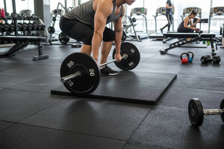 Person lifting barbell on Premium Acoustic Rubber Gym Flooring Tiles for Home and Commercial Use. Durable, multi-use tiles provide soundproofing, noise reduction, and vibration damping in a gym setting.