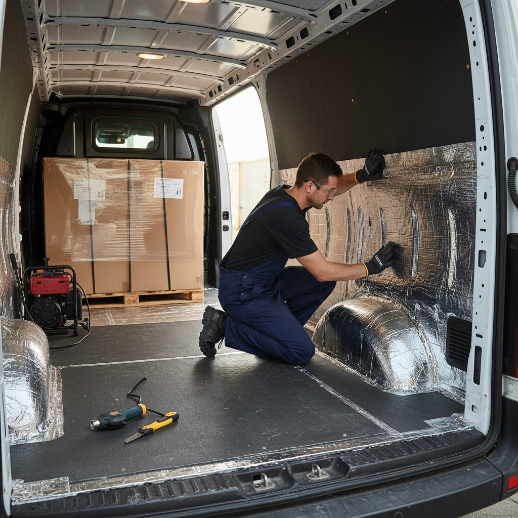Man in overalls applies Premium 6mm Thermo Liner Insulation Roll in van, enhancing soundproofing and thermal performance. Tools and materials for noise reduction and acoustic insulation visible, ideal for UK vehicles.