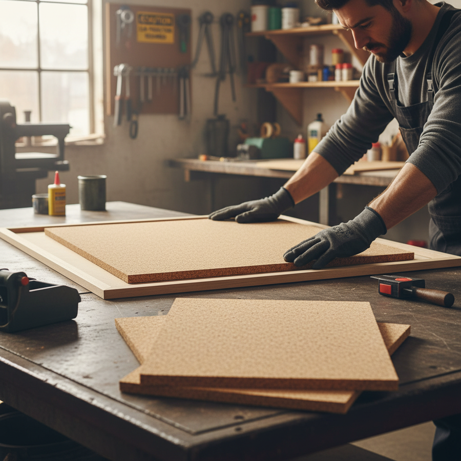 Person fitting a cork-board panel into a wooden frame on a workshop bench. Premium Non-Adhesive Cork Sheets 610mm x 450mm - 3mm Thick - 4 Pack for wall coverings, pin boards, acoustic, and soundproof applications.