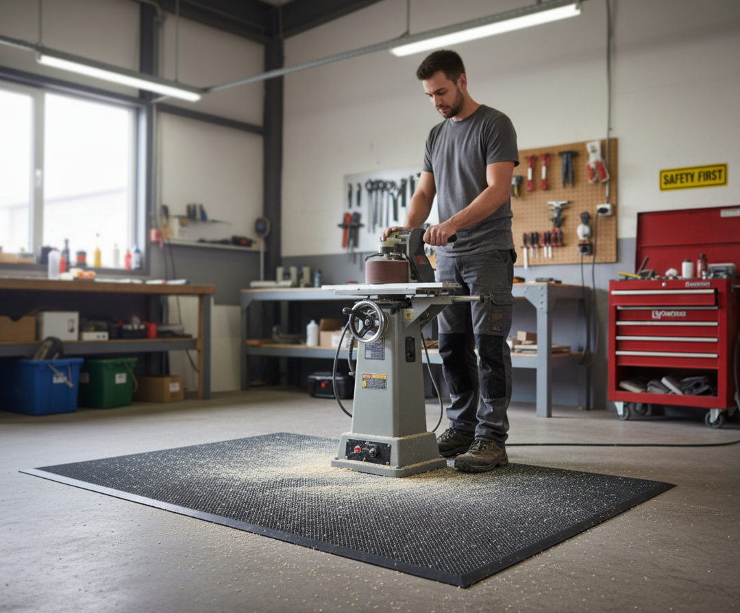 High-Performance Acoustic Underlay 1200mm x 1200mm x 12mm - Soundproofing Solution for Peaceful Environments is used in a woodworking shop, showcasing its noise reduction and sound insulation capabilities amidst machinery.
