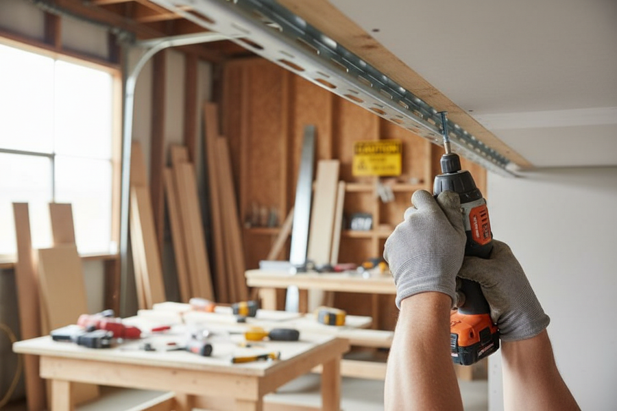 Hands using an orange and black drill to install Premium Maxi Deep Resilient Bars, 3000mm x 120mm x 30mm, enhancing sound insulation with secure metal track fixation in a workshop setting.