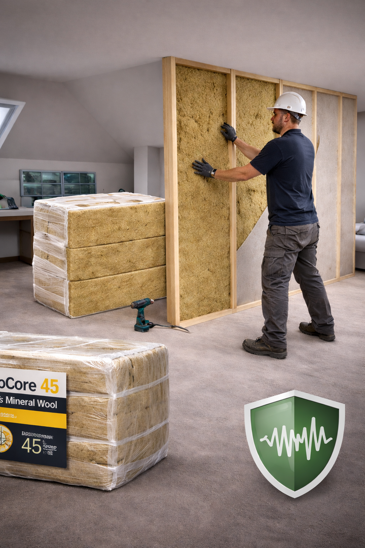 Tradesman fitting 100mm Acoustic Mineral Wool Slabs – StudioCore 45 (45kg/m³) between wooden studs for sound insulation. Packs of GeoCore 45 Acoustic Mineral Wool visible, ideal for noise reduction in walls, floors, and ceilings.