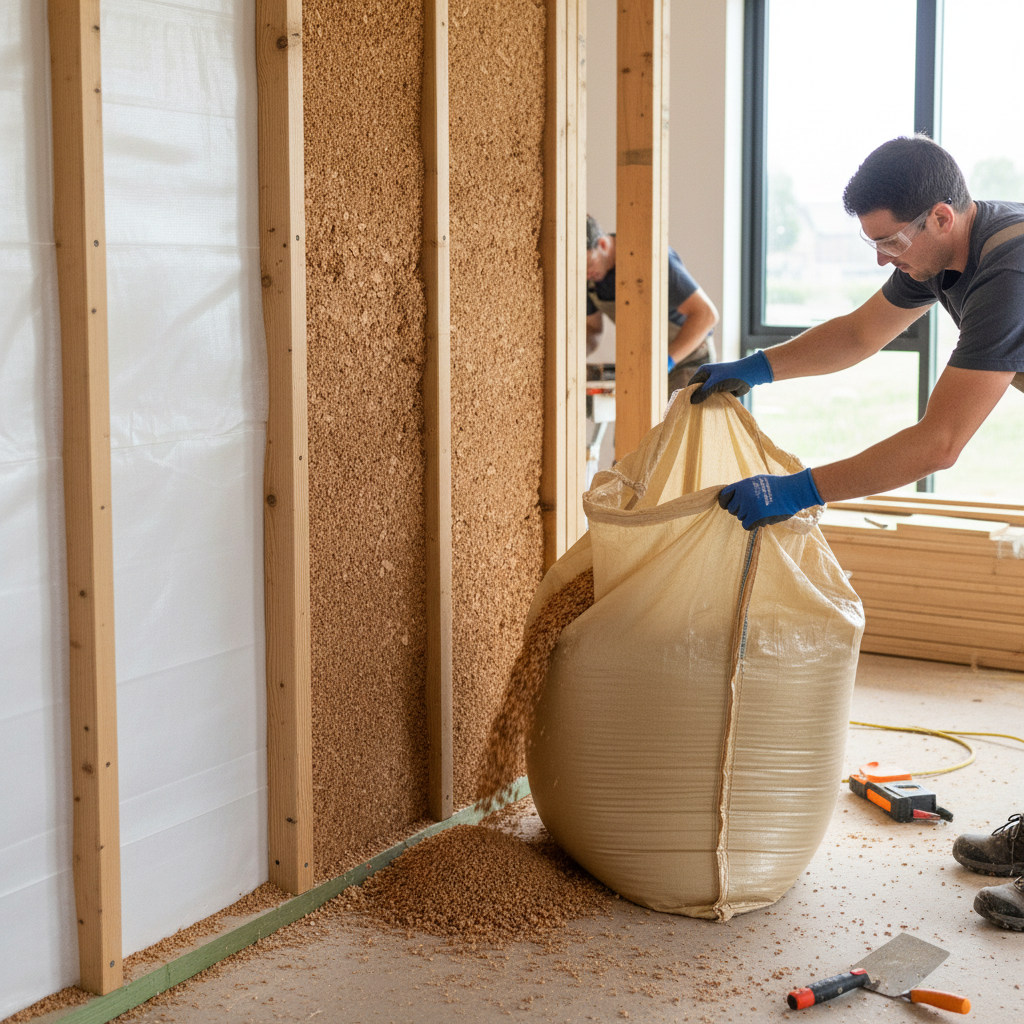 Tradesman pouring Premium 30kg Bulk Bag High Quality Cork Granules - 1-2mm Size with Density 60-62kg/m³ into wall. Ideal for soundproofing, acoustic insulation, and noise reduction in construction projects.