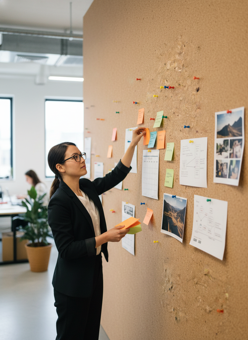 Woman in business attire organizes project ideas on a Premium Large Feature Wall Cork Roll - Natural 3m x 1.22m - 6mm Thick for Interior Walls, ideal for soundproofing and acoustic insulation in offices or creative spaces.