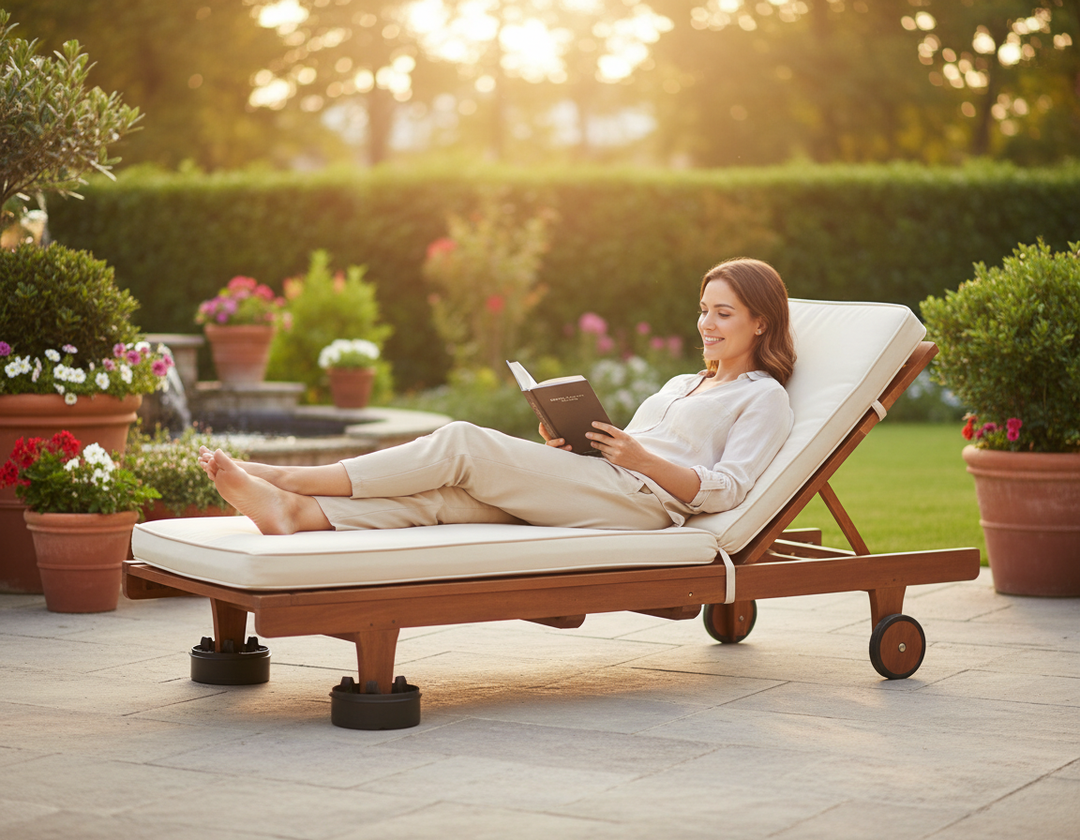Woman relaxes on a sun-lounger with Premium Adjustable Elevating Blocks for Cradles, 20mm height increase, 60 per box, enhancing support for soundproof setups, ensuring stability for acoustic and noise reduction projects.