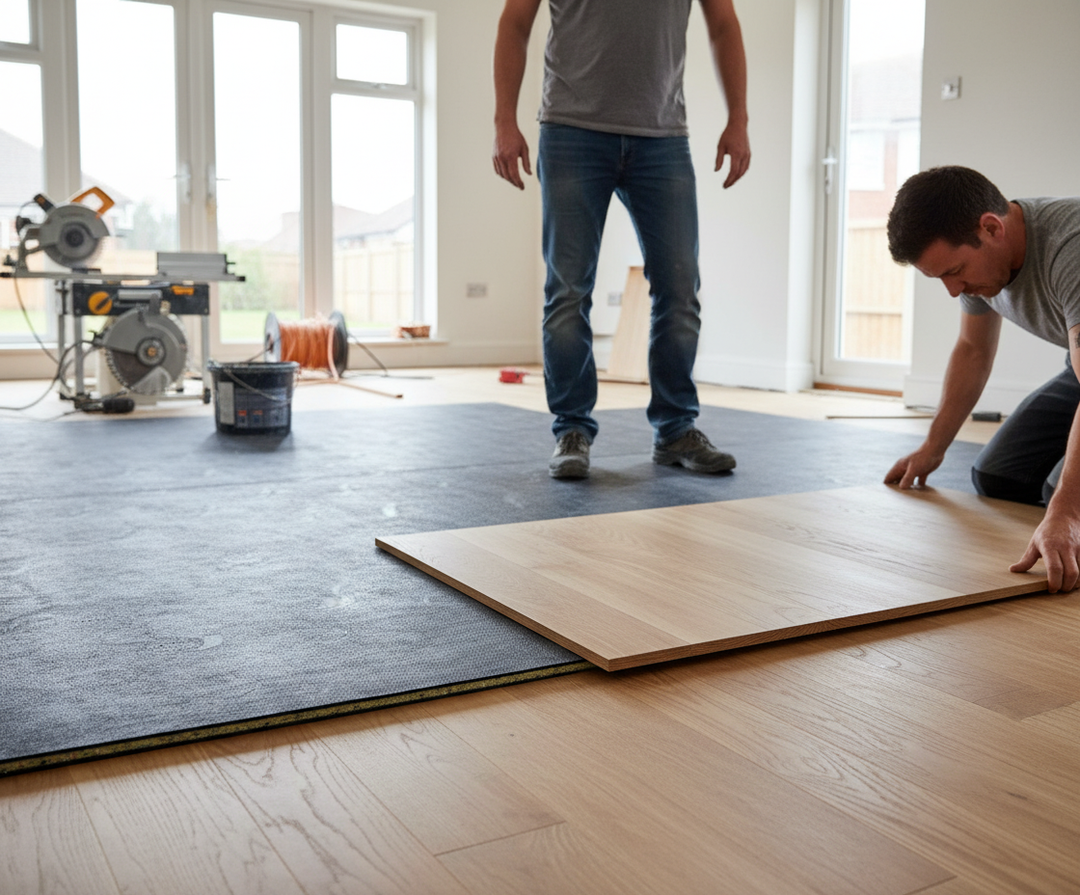 Two men install Premium High-Performance Acoustic Underlay 15mm Thick, enhancing soundproofing and noise reduction in a bright room, with tools suggesting professional flooring work by Sound Deadening UK.
