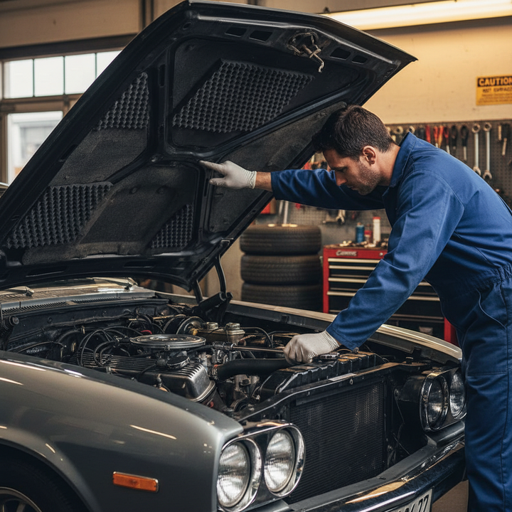 Man in a blue jumpsuit inspects a car engine in an auto-repair shop, surrounded by tools and tires, illustrating the practical use of Premium Noise-Absorbing Material 35mm for soundproofing cars.