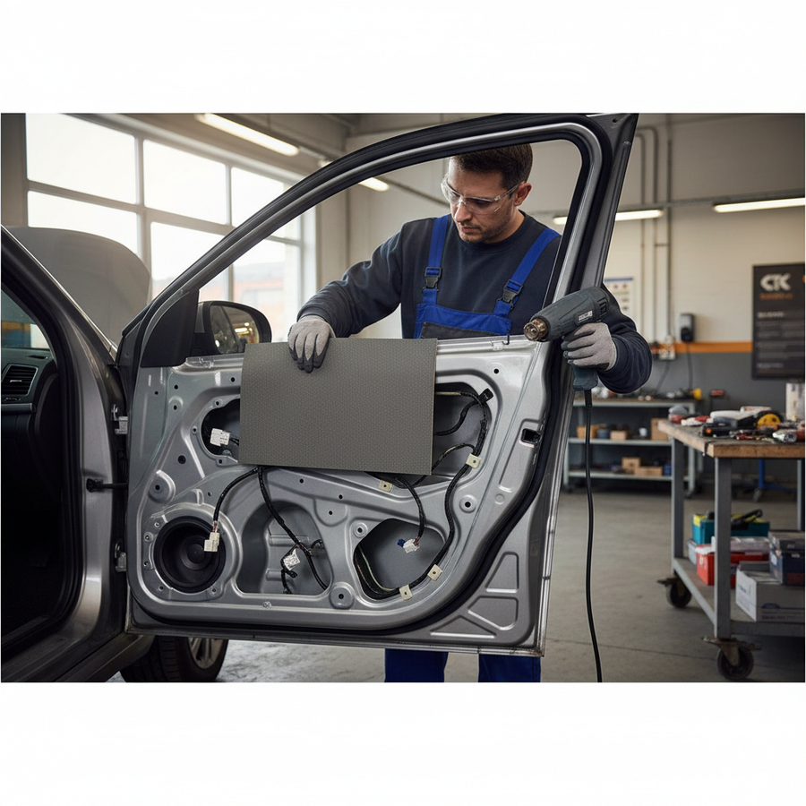 Technician installing Premium Lightweight Thermal Insulation Foam for Vehicle Conversions—4mm Thickness, 1.0sq.m Coverage—showing soundproofing and vibration damping features, with exposed car door components.