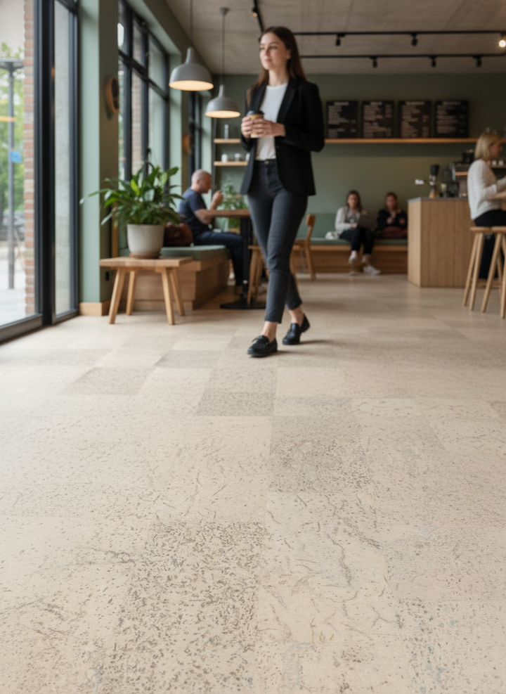 Premium Natural Cork Flooring Tiles - 600mm x 300mm, 4mm Thick, 1.98m² Pack, visible in café setting emphasizing soundproof and acoustic properties, perfect for comfortable, noise-reduced spaces.